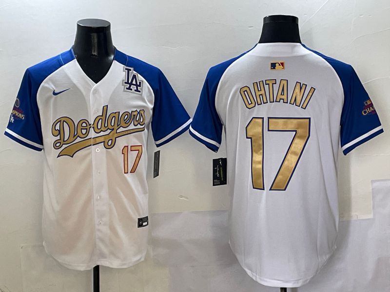 Men Los Angeles Dodgers #17 Ohtani White Blue Gold Game 2025 Nike MLB Jersey style 5->los angeles dodgers->MLB Jersey